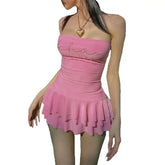 Y2K Sleeveless Slash-Neck Skinny Tiered Sweet Dress